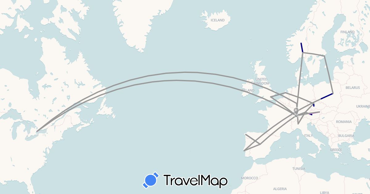 TravelMap itinerary: driving, plane, train in Austria, Canada, Switzerland, Czech Republic, Germany, Spain, United Kingdom, Italy, Netherlands, Norway, Poland, Portugal, Sweden (Europe, North America)